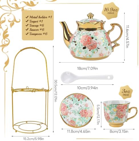 20 Piece Porcelain Tea Set with Metal Holder European Floral Pattern Tea Pot Tea Cup Tea Saucer Teaspoon for Women Adult Party Large Version - Image 4