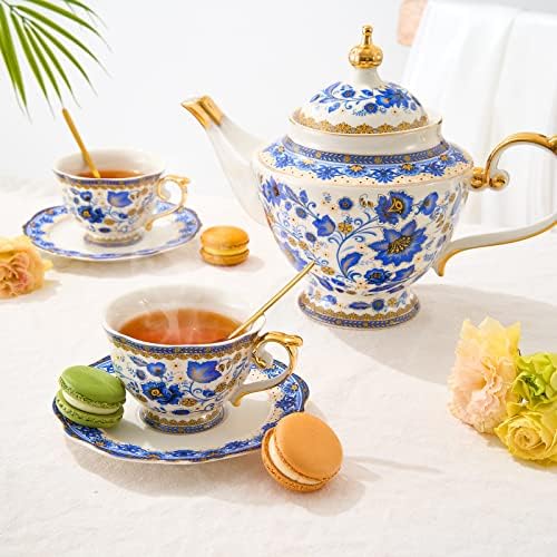 Fine Bone China Tea Set with Teapot, Teacups & Spoons & Saucers 13-Pieces Blue, Porcelain White & Gold Detailed Dream Vintage Floral - Coffee & Teas, Gifts for Mom, Her, Housewarming, Wedding Service - Image 3