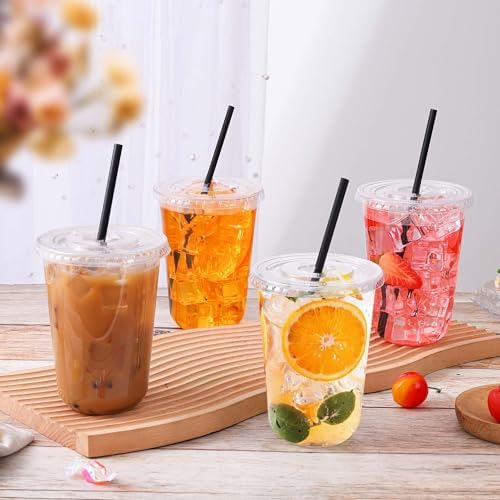 tchrules 100 Set 16oz Clear Plastic Iced Coffee Cups with Lids and Straws - Image 3