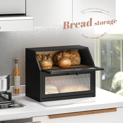 STDDRE Bread Box for Kitchen Countertop Bin Double Layer Bread Box Storage Container Extra Large Capacity Farmhouse with Diamond Pattern Windows (Black, Large) - Image 6