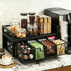 Tea Bag Organizer, Wooden Tea Box with Drawer and Top Tray, Black - Image 2