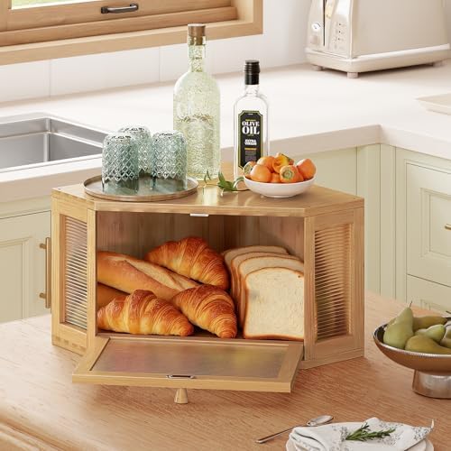 WOWLIVE Corner Bread Box, Bamboo Bread Storage with Acrylic Wavy Door - Image 7