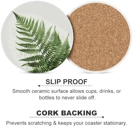 Drink Coasters with Cork Backing Ceramic Coasters Natural Plant Silhouette Fern Leaf Coaster for Drinks Non-Slip Coaste Round Absorbing Stone Coaster Set of 4PCS for Kinds of Cups Coffee Table - Image 6