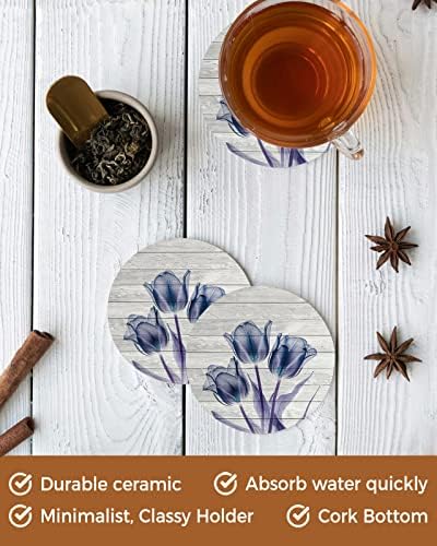Coasters for Drinks Set of 8 with Holder Abstract Transparent Blue Flower Tulip Wood Grain Ceramic Cup Mat Absorbent Ceramic Stone Coasters with Cork Base for Coffee Cups Wooden Table Home Decor 4in - Image 4