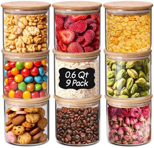ComSaf Glass Storage Containers with Lids 0.6 Qt, 9 Pack Small Glass Jars by ComSaf