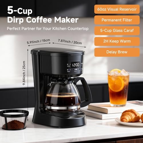 Coffee Maker, 5 Cup Programmable Drip Coffee Machine-Black - Image 2