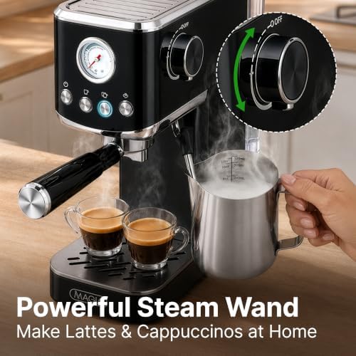 Zulay Kitchen Magia Compact Espresso Machine – 20 Bar Coffee Maker with Milk Frother Steam Wand, Latte & Cappuccino Maker, 1350W Fast Heating, 40oz Removable Water Tank, Stainless Steel – Black - Image 4