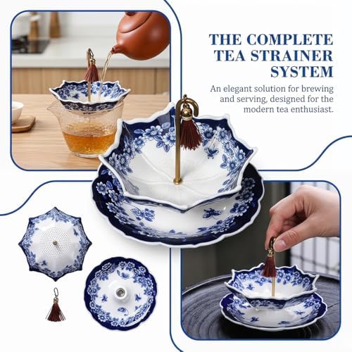 Ceramic Tea Strainer for Loose Leaf Tea, Umbrella Shape Porcelain Tea Filter with Drip Base, Reusable Fine Mesh Tea Infuser for Mug Cup and Teapot (Blue) - Image 7