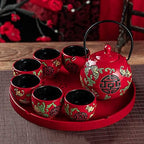 Traditional Chinese Ceramic Tea Set, Tea Set for Wedding Ceremony Party, Chinese Red Porcelain Tea Pot With Tea Cups and Tea Tray for Adults (Style A) - Image 2