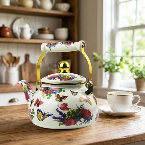 Enamel Tea Kettle 2.6 Quart, Vintage Butterfly Floral Stovetop Teapot - Image 5