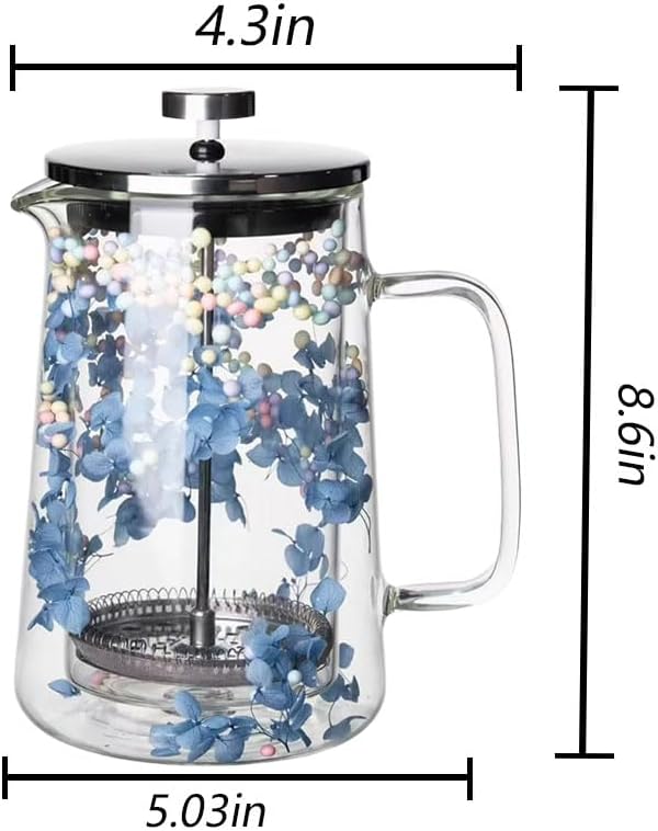 Glass French Press Coffee Maker 34oz - Embedded Dried Flower Borosilicate Coffee Press, No Plastic, Stainless Steel Filter for Tea, Cute Decorative Gift - Image 2