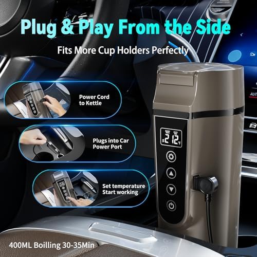 Car Electric Kettle for Travel : FVPE 12V/24V Small Electric Water Kettle, Multi-Temp Control 400 mL Portable Car Water Boiler for Brewing Coffee Tea,LCD Display 304 Stainless Steel Truck Heating Cup - Image 3