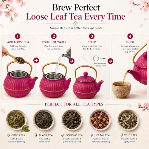 WD Lifestyle Cast Iron Teapot, Fuchsia, Japanese Style Tea Kettle with Stainless Steel Infuser, Enameled Interior, Ergonomic Gold Handle, Heavy Duty Tetsubin Tea Pot for Loose Leaf Tea 16 Oz - Image 4