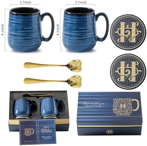 HASENSE Coffee Mugs, 15 Ounce Porcelain Mugs Set of 2 with Handle for Morning Coffee Tea and Cocoa, Ceramic Coffee Cups Gift Box with Beautiful Glaze Coasters Spoons for Men and Women, Navy - Image 2
