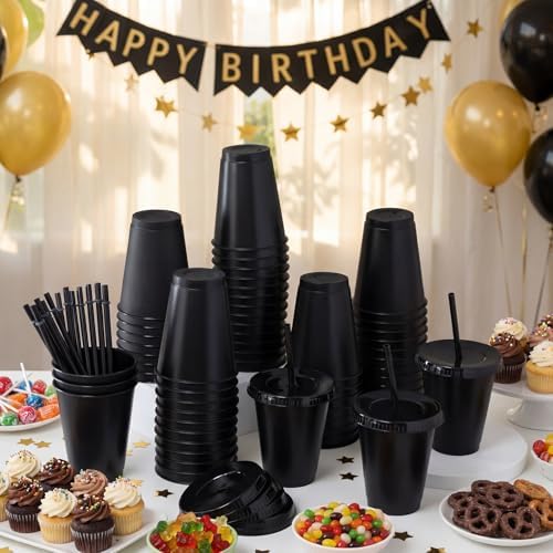 Sieral 60 Pack Reusable Plastic Cups with Lids Straws,Black - Image 2