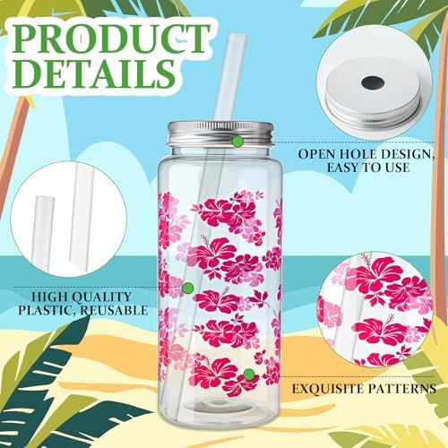 Skylety 30 Pcs 13.5 oz Hawaiian Luau Party Cups with Lids and Straws Hawaiian Hibiscus Party Cups Clear Plastic Tumbler Decorations for Women Sea Summer Birthday Bridal Wedding Reusable Supplies - Image 3