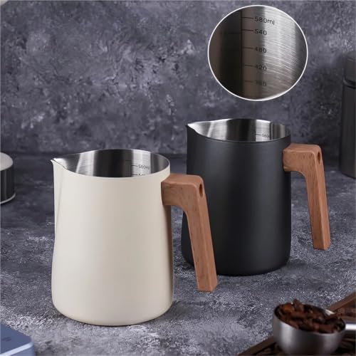 Milk Frother Cup Stainless Steel Coffee Milk Frothing Pitcher Jug Anti-scald Wood Grain Handle 304 Stainless Steel Mug Cup Professional Utensils(350ml Slivery) - Image 3