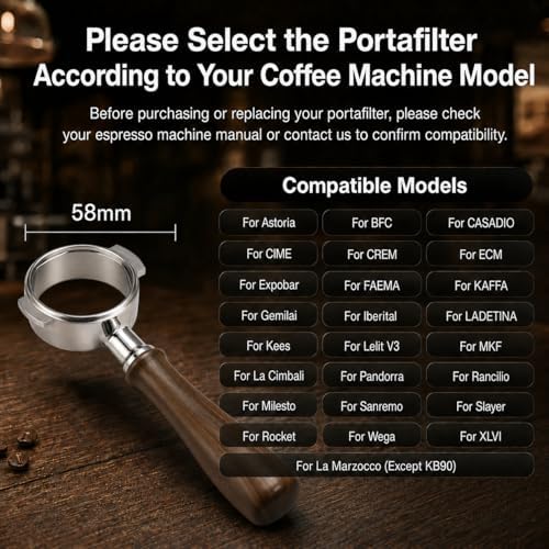 58mm Bottomless Portafilter with ARCFLOW 18g Convex Basket & Solid Walnut Handle, 304 Stainless Steel Naked Espresso Portafilter for E61 Group Head, La Marzocco & More - Image 6