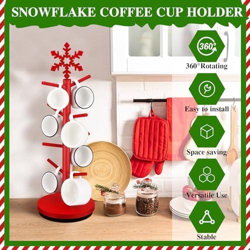 DoubleFill Christmas Tree Coffee Mug Holder 8 Hooks Snowflake Mug Holder for Countertop Snowflake Cup Rack Wood Christmas Tree Display for Kitchen Coffee Accessories - Image 3