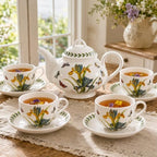 9-piece porcelain tea set with Botanical Floral patterns (for 4 people), including teapot, teacup, and saucer. Iris and Sunflower Pattern Selection. Tea party gift box set. (Iris Pattern) - Image 3