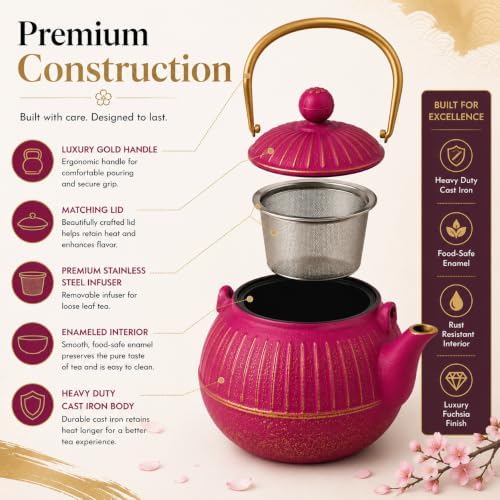 WD Lifestyle Cast Iron Teapot, Fuchsia, Japanese Style Tea Kettle with Stainless Steel Infuser, Enameled Interior, Ergonomic Gold Handle, Heavy Duty Tetsubin Tea Pot for Loose Leaf Tea 16 Oz - Image 3