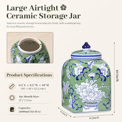 Ceramic Tea Canister with Airtight Lid, 10" H Kitchen Decor Jar for Loose Leaf Tea & Coffee Bean Storage, Hand-painted Chinoiserie Ginger Jars for Home Decor, 121 fl oz - Green Peony - Image 2