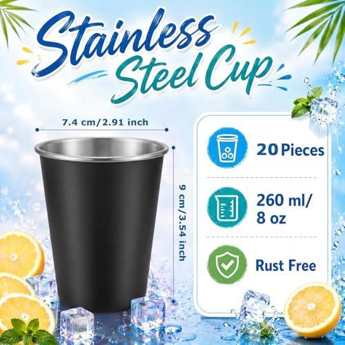 Mimorou 20 Pack 8 oz Stainless Steel Cups Metal Cup, Black - Image 2