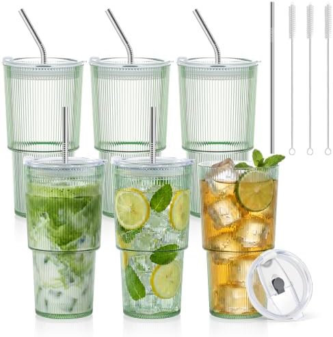 6 Pcs 20oz Plastic Ribbed Tumblers with Lid and Straws Green Plastic Reusable Iced Coffee Cups with Lid Unbreakable Vintage Ribbed Drinking Glasses Tumbler for Juice Smoothie Beverage with Clean Brush by SMAODSGN