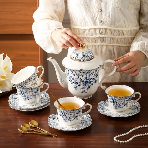 TATSUMI Country Roses Porcelain Tea Set, European Ceramic tea set for adults,Vintage Style, For Women and Tea Parties (BLUE, 13 Pieces Set) - Image 4