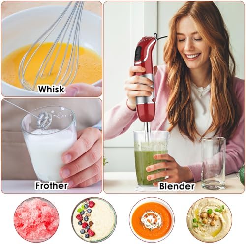 Blackcow Immersion Blender Handheld, Corded Hand Blenders Set 800W, 12 Speed Stick Blender 5 in 1 Stick Emulsifier with Chopper, Whisk and Frother for Soup, Baby Food and Smoothies, Red - Image 5