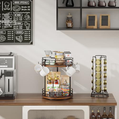 Rotating Coffee Mug Holder Rack Stand, 2 Tier Wooden Coffee Station Bar Organizer for Countertop, Spinning Kitchen Counter Organizer, Mug Shelf with 6 Hooks, Rustic Brown and Black - Image 2