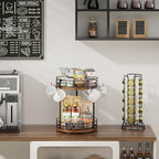Rotating Coffee Mug Holder Rack Stand, 2 Tier Wooden Coffee Station Bar Organizer for Countertop, Spinning Kitchen Counter Organizer, Mug Shelf with 6 Hooks, Rustic Brown and Black - Image 2