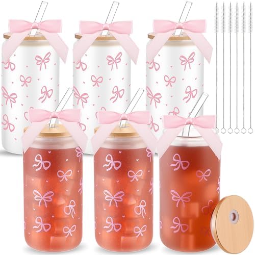 6 Sets 16oz Bow Glass Cups with Bamboo Lids Straws Tumbler,Pink by Yetene