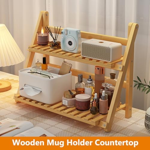 2-Tier Wooden Mug Holder Countertop, Coffee Station Organizer, Bamboo Counter Shelf for Tea Coffee Bar Accessories, Matcha Stand, Cup Display, Kitchen Condiment Storage Rack,Natural,15.75IN - Image 2