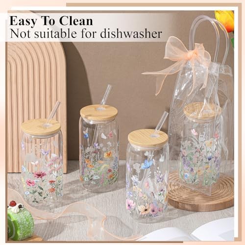 Mumufy 12 Sets Wildflower Cute Glass Cups with Lids Straws Bulk, 16 Oz - Image 4