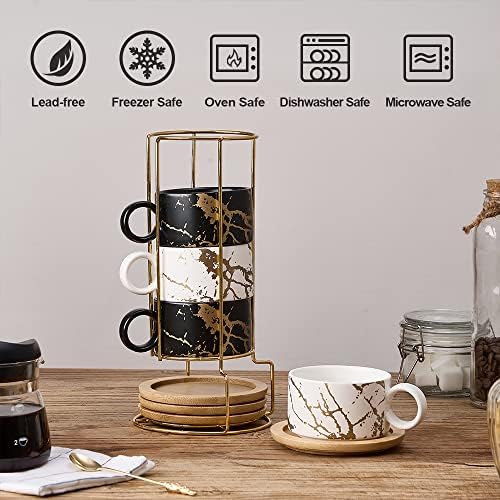 LUKA Porcelain Espresso Cup with Metal Stand, 6 Ounce Stackable Ceramic Demitasse Espresso Mugs Cappuccino Cups Set for Latte,Coffee,Cafe Mocha,Tea(Set of 4) - Image 4