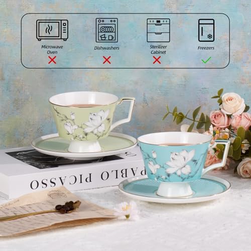 KAMMAK Ceramic Coffee Cups Saucers Set of 2, Porcelain Espresso Cups with Saucers, 8.12 oz Handcrafted Elegant Bone China Tea Cups, Blue & Sage Green Flower Teacup for Party, Office, Women Gift - Image 6