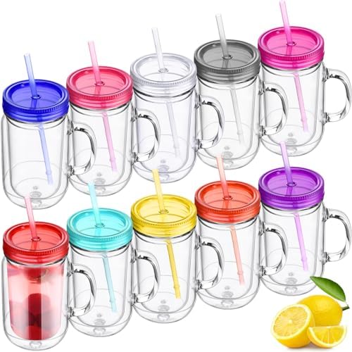 Suclain Plastic Mason Jars with Handles, Lids and Straws, Classic Color by Suclain