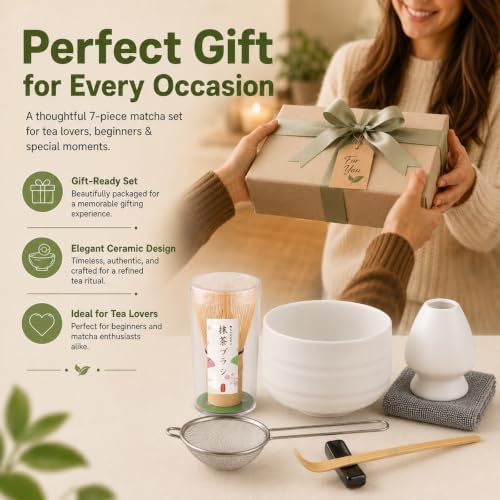7PCS Matcha Set, Matcha Making Kit Includes Matcha Whisk and Bowl, Tea Lid, Scoop, Strainer and Match Whisk Holder, Tea Towel, Matcha Whisk Set for Matcha Lovers (Matte White Finish) - Image 7