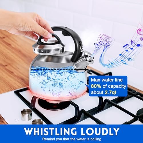 GGC Whistling Stove Top Tea Kettles, 304 Stainless Steel Tea Kettles with Anti-Heat Handle, 3.1QT/3L Tea Pot for Boiling Water, Coffee or Milk - Image 2