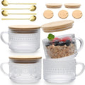 Overnight Oats Containers with Lids Set of 4pcs-420ml, Vintage Coffee Mugs gifts for women, Glass Cups with Spoons and Bamboo Lids,Great for Coffee, Overnight Oats,Juice. by PrimeWorld
