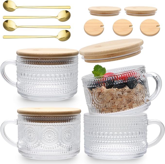 Overnight Oats Containers with Lids Set of 4pcs-420ml, Vintage Coffee Mugs gifts for women, Glass Cups with Spoons and Bamboo Lids,Great for Coffee, Overnight Oats,Juice. by PrimeWorld