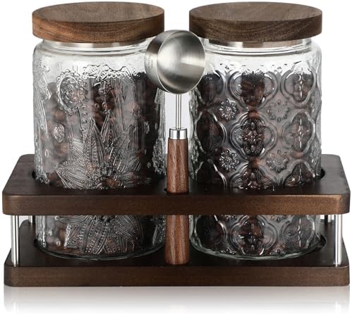 Suclain Glass Coffee Grounds Container with Shelf 2 x 34 oz Glass Coffee Bean Storage Canisters with Airtight Thread Lid and Measuring Spoon Food Storage Jars for Kitchen Sugar Nut by Suclain