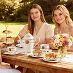 Luxury White & Gold Embossed Tea Cups and Saucers with Teapot, Sugar Bowl, & &Creamer, Vintage European Porcelain Coffee Set for Tea Party, Wedding, Gift (Gole & Rose, 17pcs/set) - Image 4