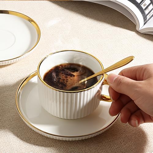 Coffee Cup and Saucer Set of 4, 5 oz Ceramic Espresso Cups Set - Image 2