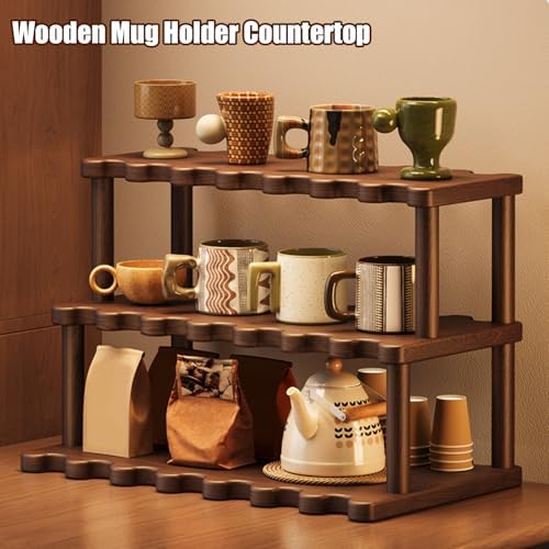 Wooden Mug Holder Countertop, 3 Tier Coffee Cup Holder Mug Display Coffee Mug Organizer Mug Rack for Coffee Station Organizer Mug Shelf for Cabinet for Kitchen, Home,40cm - Image 2