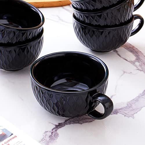 Coffeezone Set of 6 Cups Vintage Design 12 oz Professional Barista Ceramic Latte Art Cappuccino Cups Set (Embossed Black * 6) - Image 4