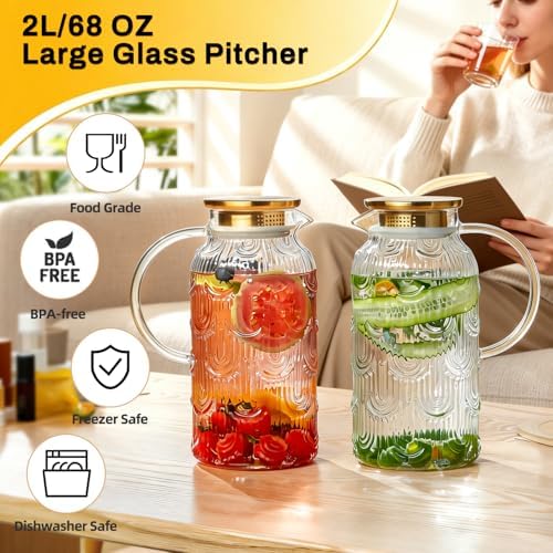 Buaic 2 PACK Glass Pitcher with Lid, 68 oz Vintage Water Carafe for Fridge - Image 6