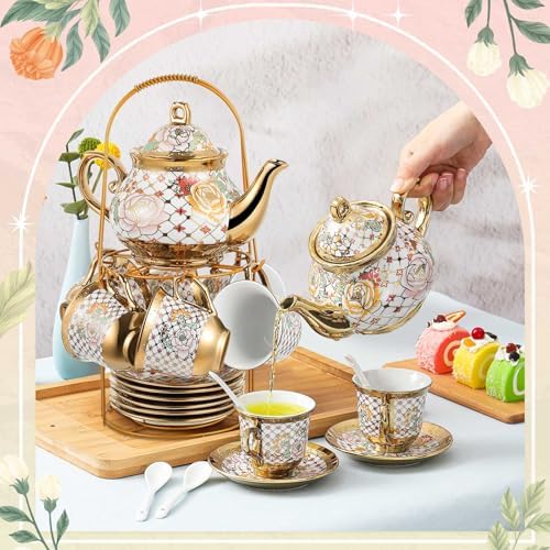 Zhehao 20 Pcs Porcelain Tea Set for Adult, with Metal Holder, Delicate - Image 4