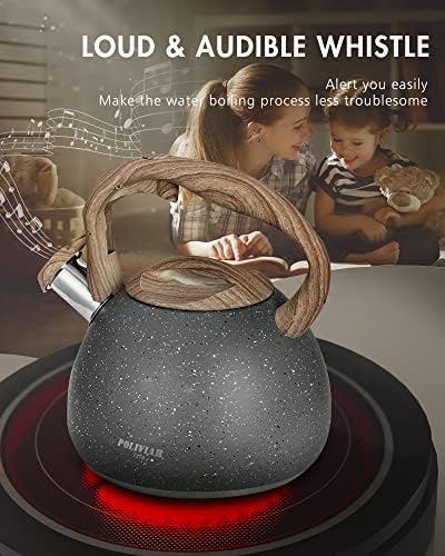 POLIVIAR Tea Kettle, 2.7 Quart Natural Stone Finish with Wood Pattern Handle Loud Whistle Food Grade Stainless Steel Teapot, Anti-Hot Handle and Anti-Rust, Suitable for All Heat Sources (JX2018-GR20) - Image 5